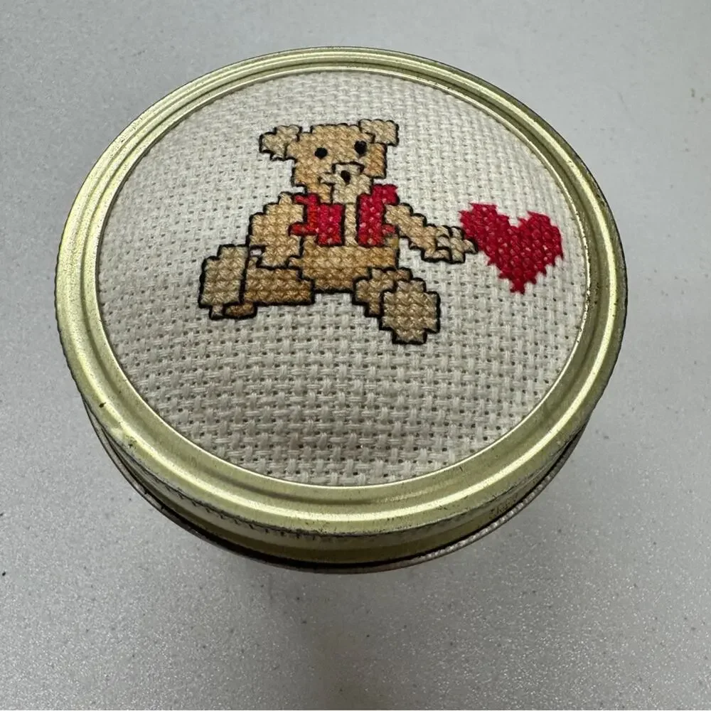 Vintage Mini Canning Jar Cross Stitch Bear Lid Home Decor